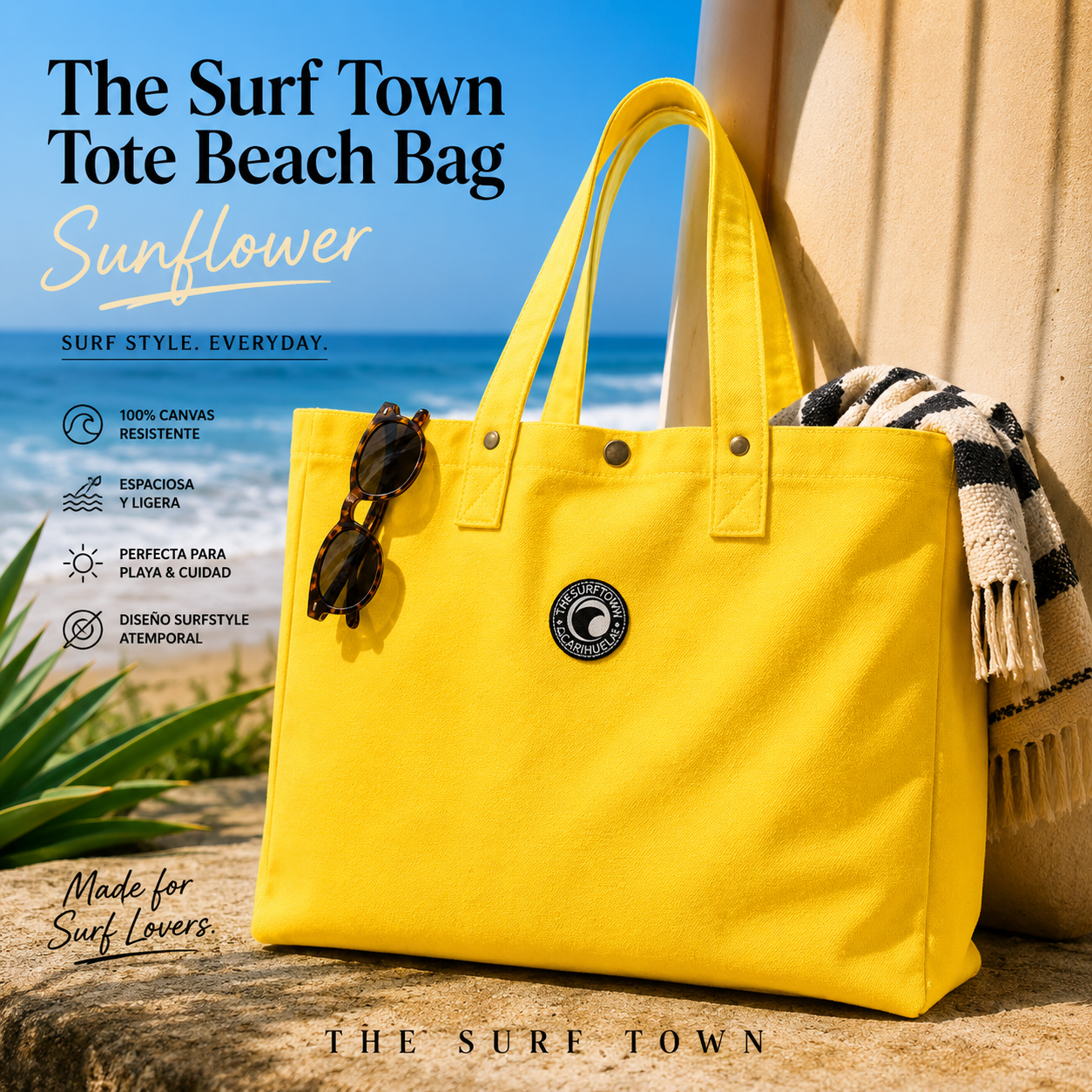 Bolso de Playa The Surf Town Tote Beach Bag Sunflower de algodón amarillo girasol con gran capacidad y diseño exclusivo para playa y verano