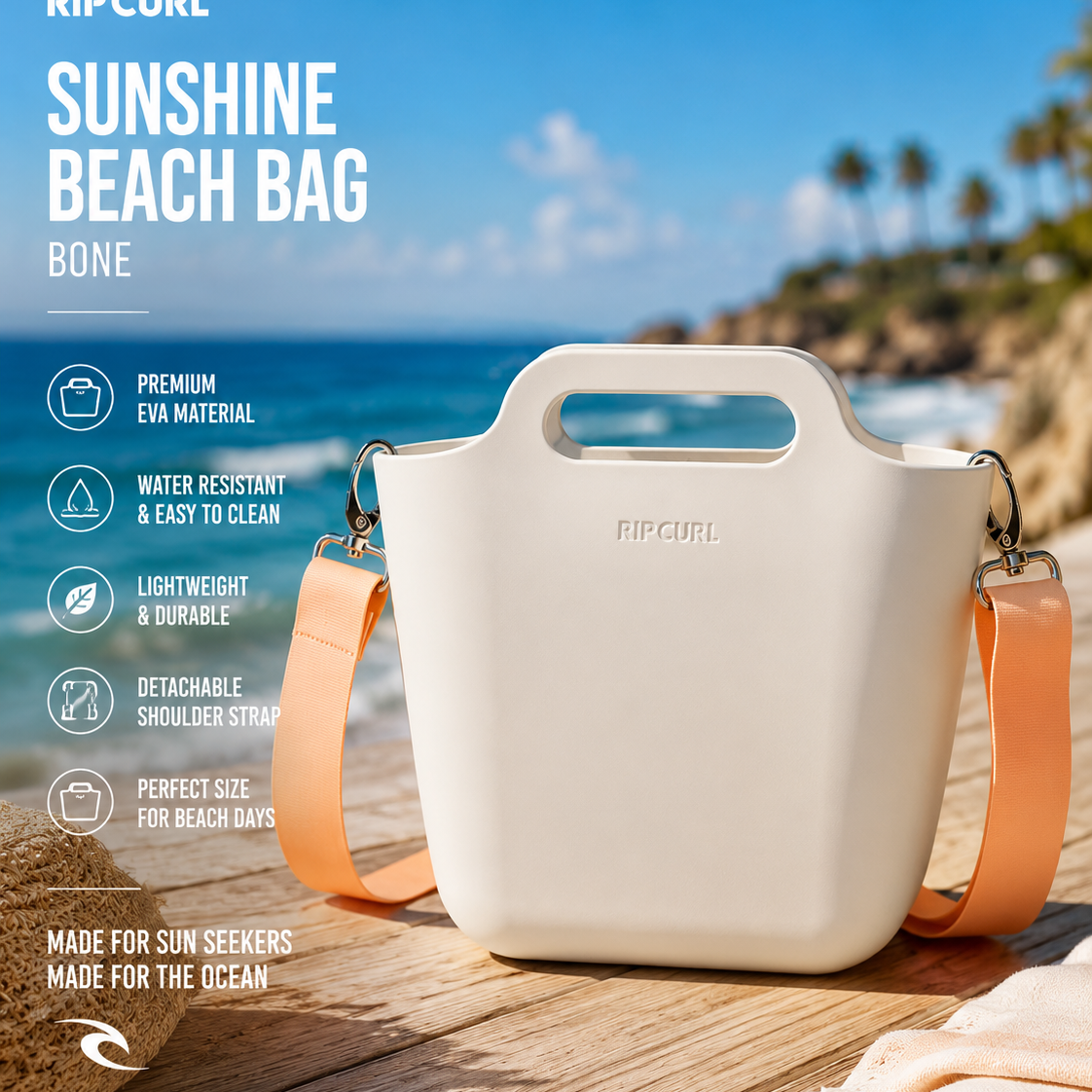 Bolso Rip Curl Beach Bloom Crossbody Bucket Bone en playa luminosa con estética coastal lifestyle premium