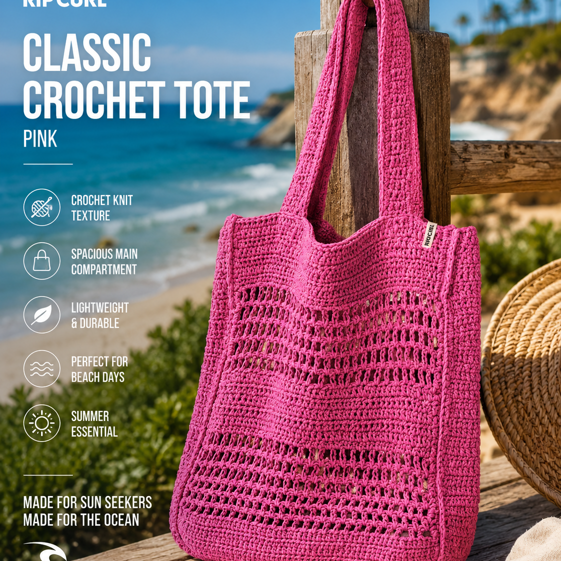 Bolso Rip Curl Holiday Crochet 8L Hot Pink en playa luminosa con estética coastal lifestyle femenina premium