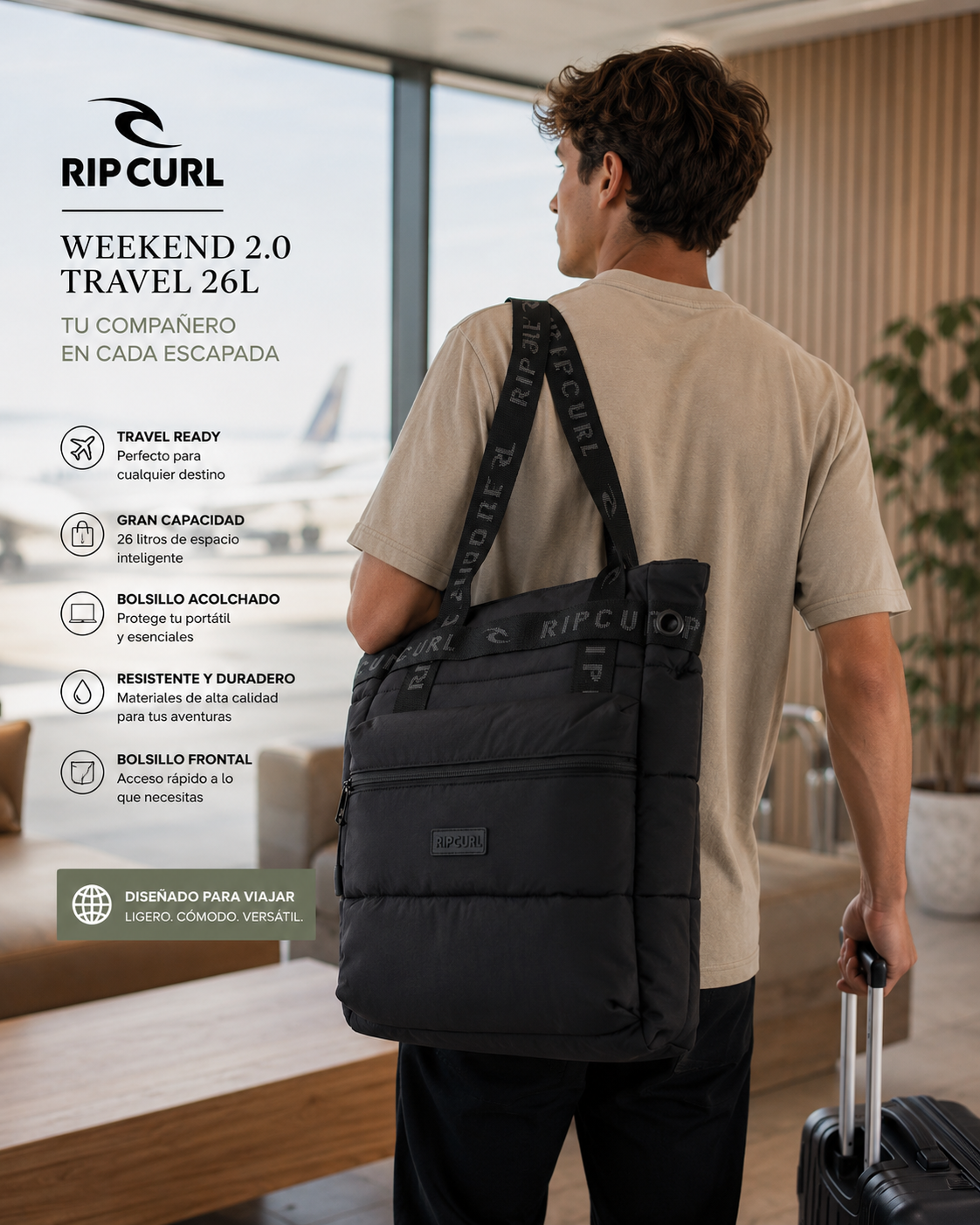 Bolso Rip Curl Weekend 2.0 Travel 26L en escena travel lifestyle premium con estética aeropuerto moderna y luz natural suave