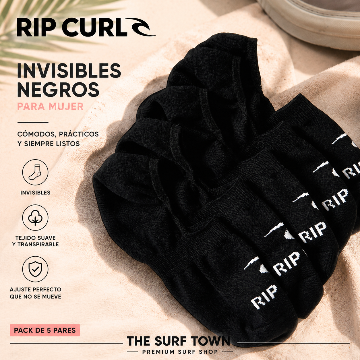 Pack de 5 pares de calcetines invisibles Rip Curl negros para mujer con logotipo blanco