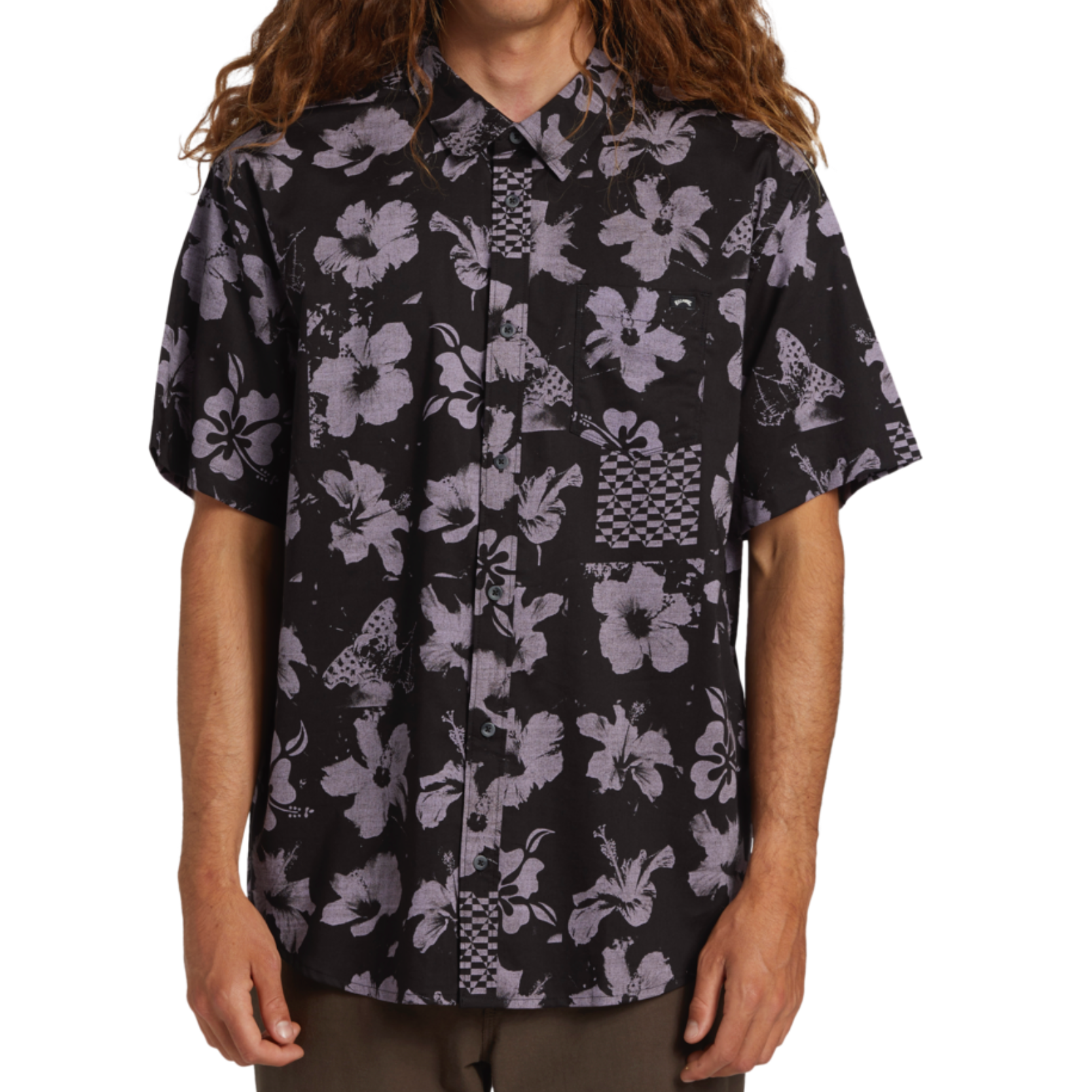Camisa BILLABONG Sunday SS Purple Ash hombre estampado floral hibiscus negro surf