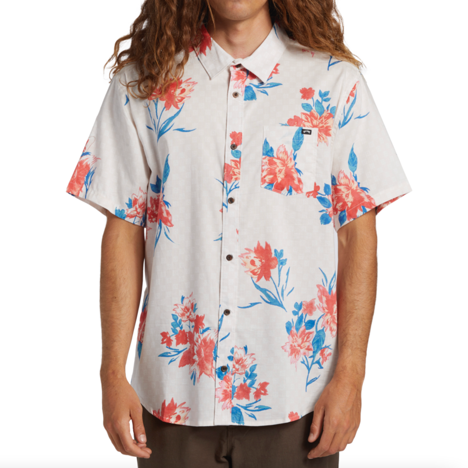 Camisa BILLABONG Sundays SS Fog hombre estampado floral tropical fondo blanco surf