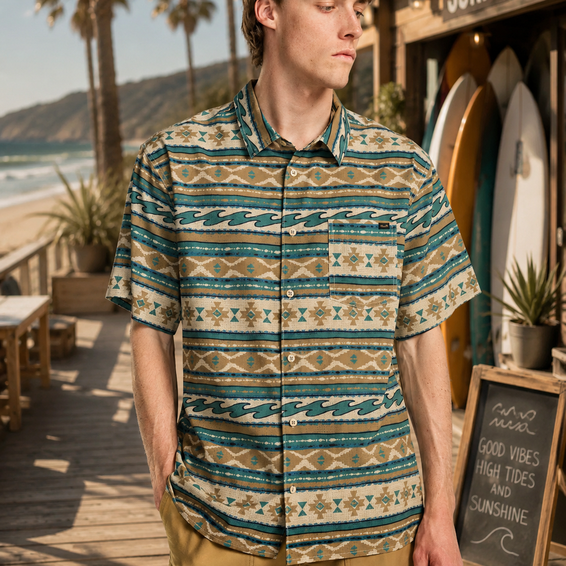 Camisa Billabong Surftrek Perf Desert Print para hombre junto a surf shop frente al mar con estilo surf lifestyle premium y ambiente Costa del Sol