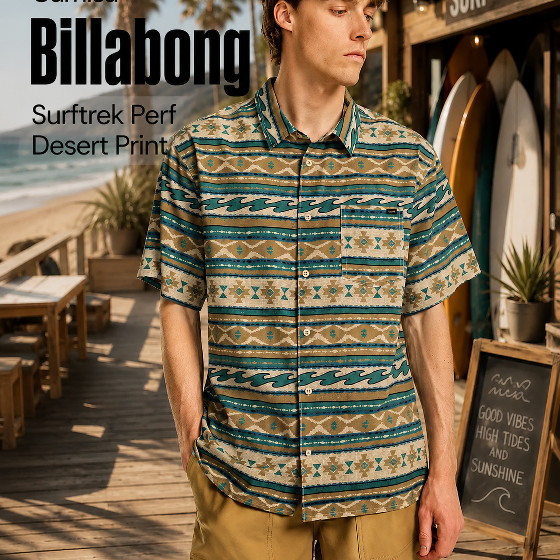 Camisa Billabong Surftrek Perf Desert Print hombre estilo surf premium en beach club tropical