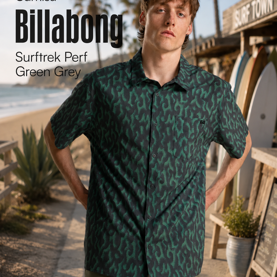 Camisa Billabong Surftrek Perf Green Grey para hombre en beach surf club junto al mar con estilo surfero premium y ambiente Costa del Sol