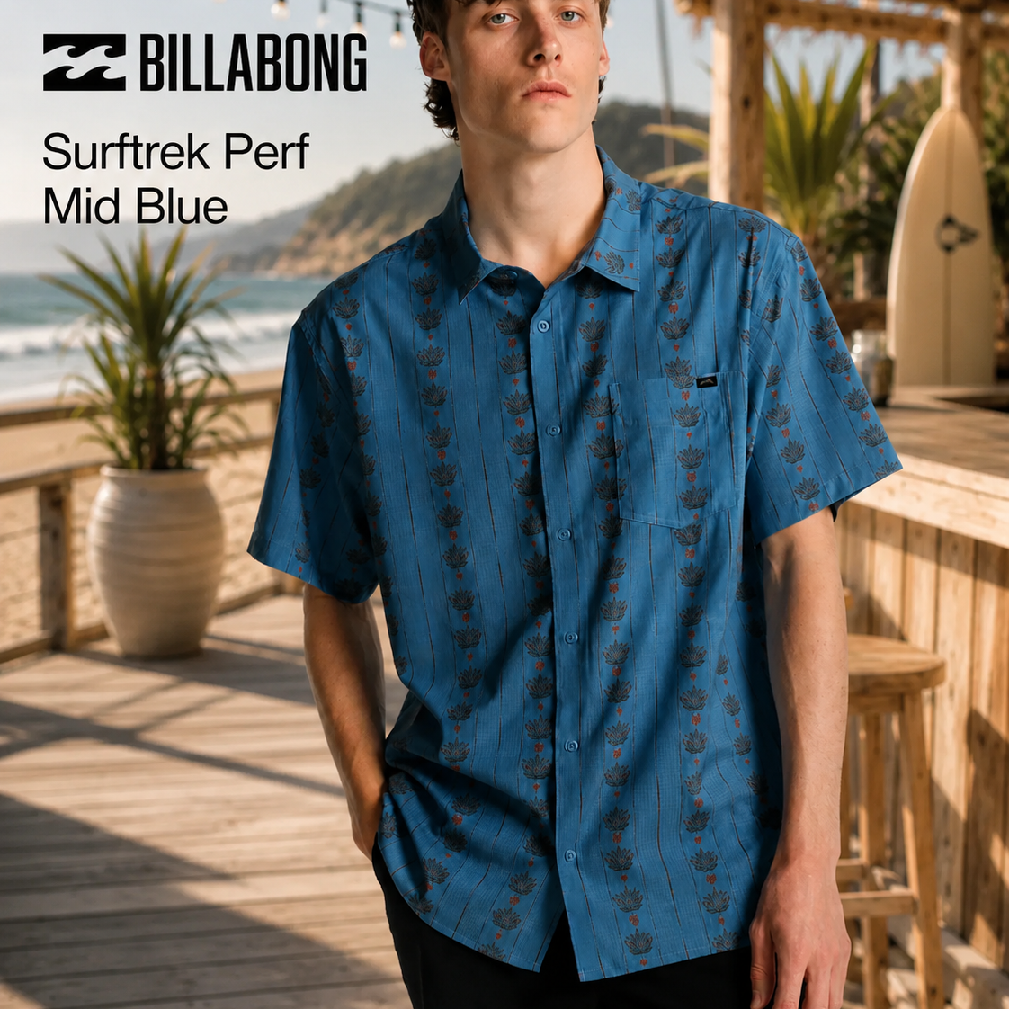 Camisa Billabong Surftrek Perf Mid Blue hombre estilo surf premium en beach club tropical