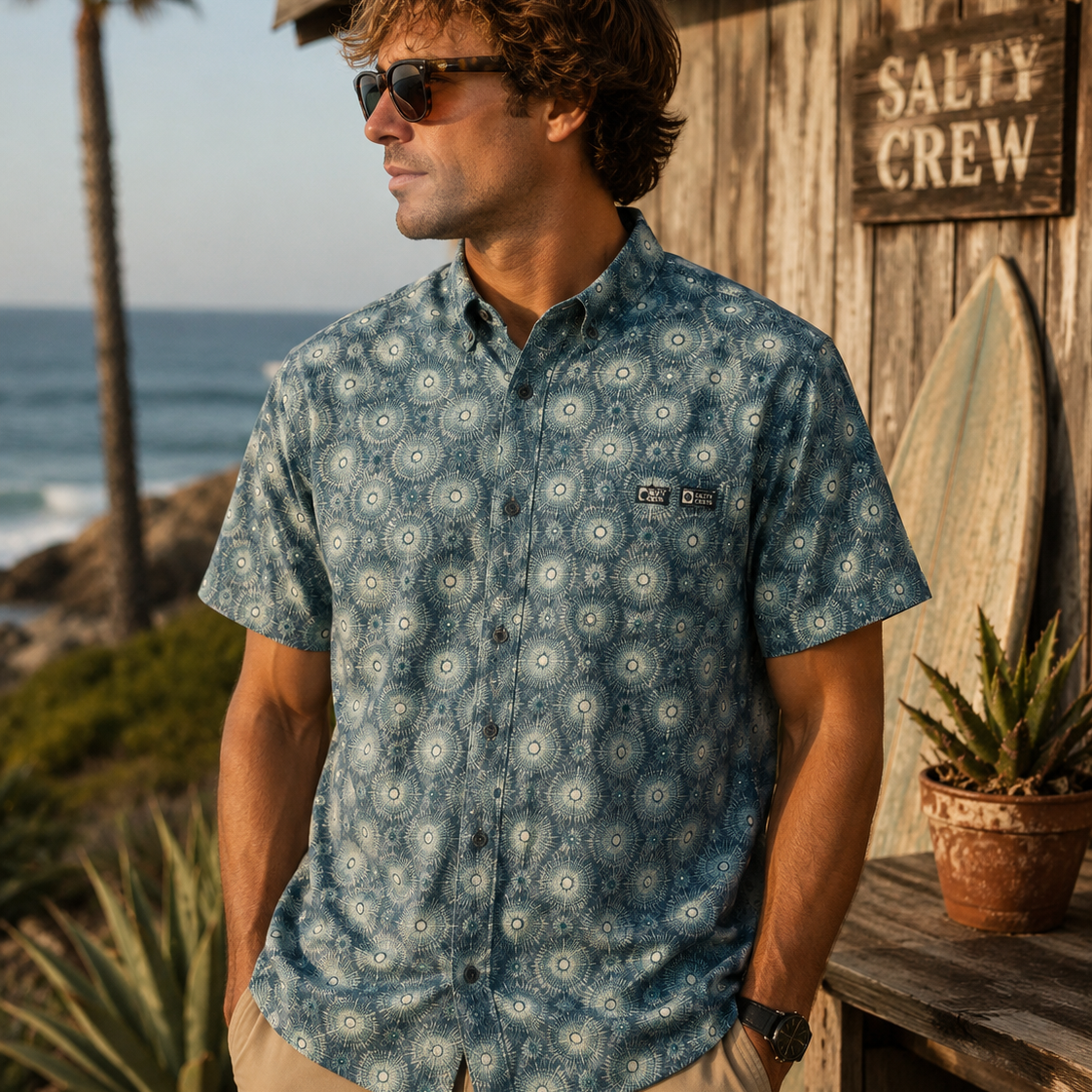 Camisa hombre Salty Crew Drifter UV Button Up Magnet azul estampada en entorno surf shack premium junto al mar estilo Costa del Sol