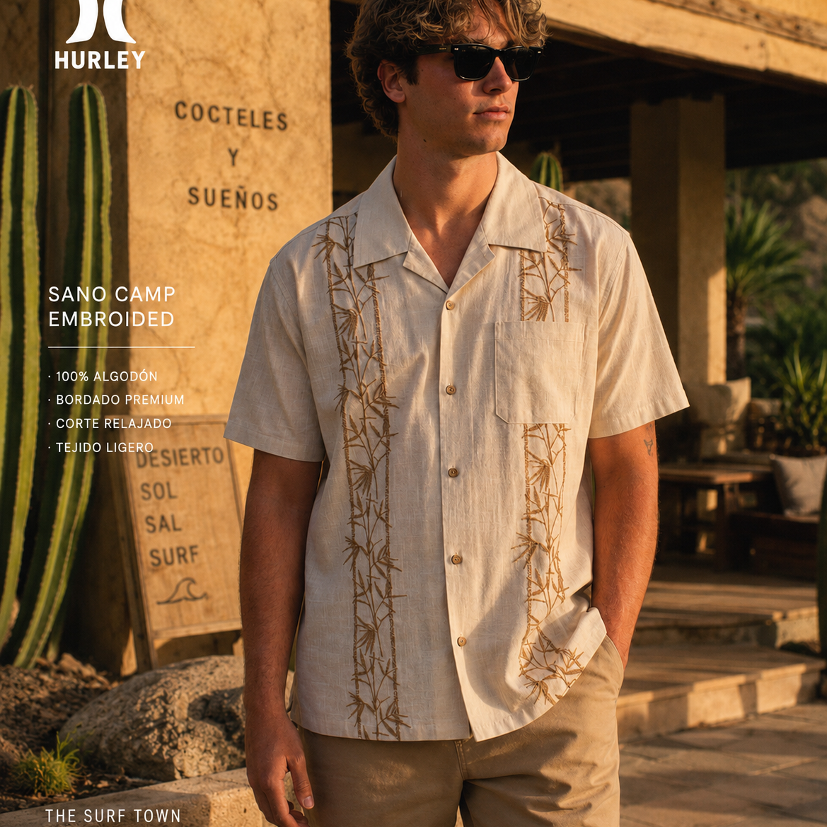 Camisa Hurley Sano Camp Embroidered SS Bone hombre en escenario lifestyle desierto premium estilo surf western con bordados beige y estética editorial verano