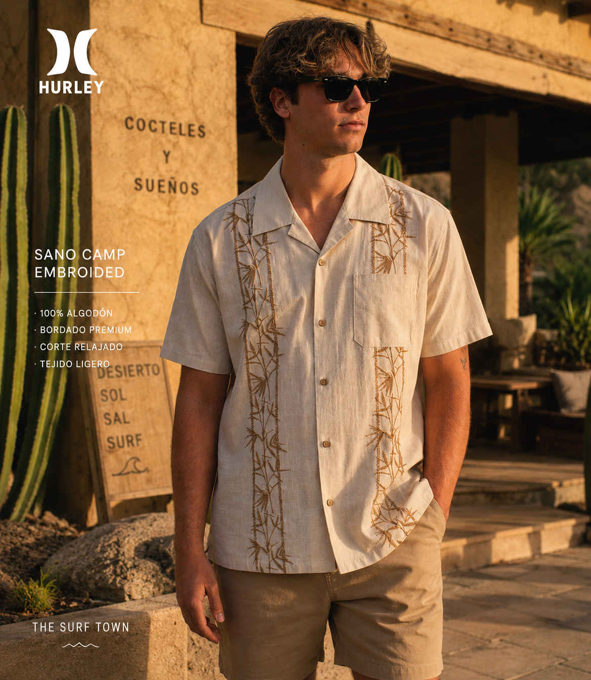 Camisa Hurley Sano Camp Embroidered SS Bone hombre en escenario lifestyle desierto premium estilo surf western con bordados beige y estética editorial verano