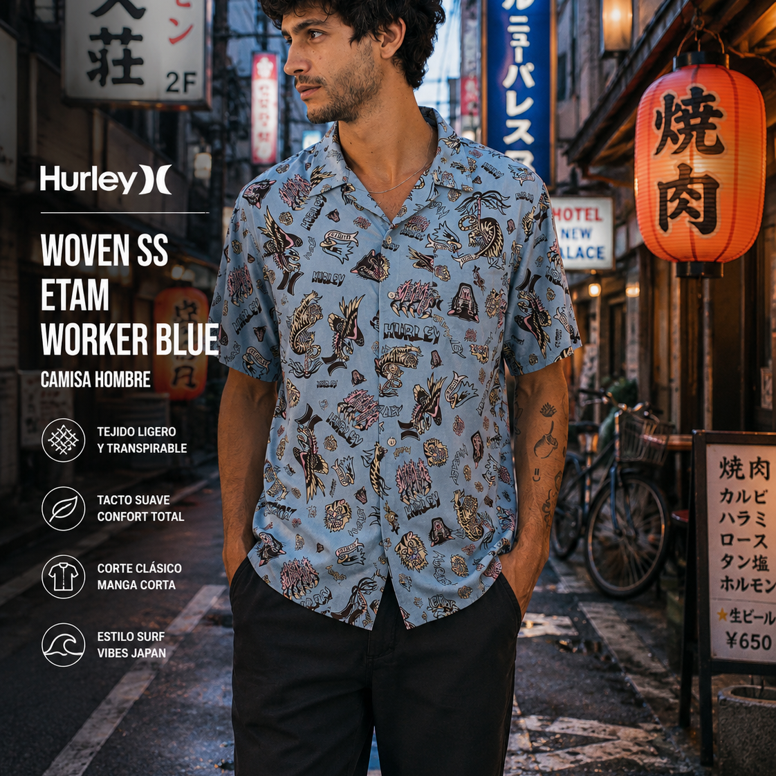 Camisa Hurley Woven SS Etam Worker Blue para hombre en escena callejón Tokio neón lifestyle premium