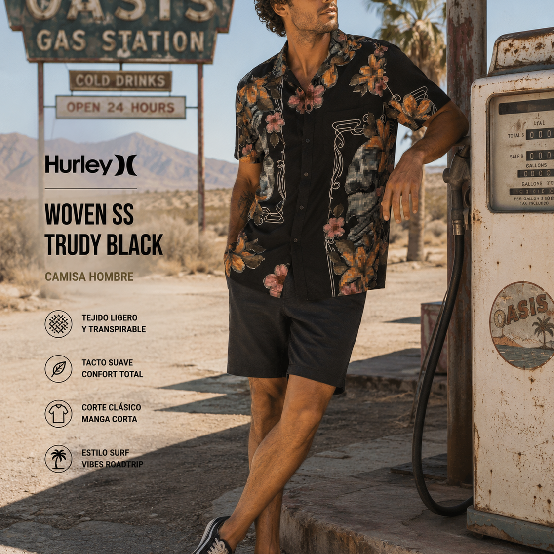 Camisa Hurley Woven SS Trudy Black para hombre en escena oasis gas station desierto Nevada lifestyle premium