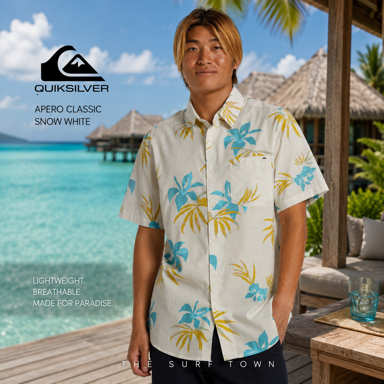 Camisa Quiksilver Apero Classic Snow White en fotografía editorial propia de THE SURF TOWN en resort tropical premium de Bora Bora