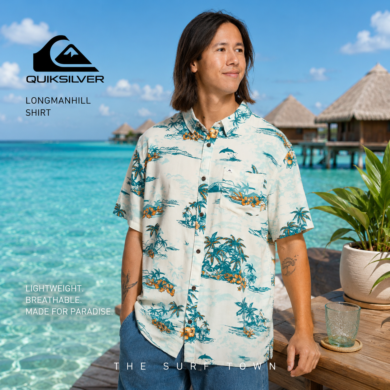 Camisa Quiksilver Longmanhill en fotografía editorial propia de THE SURF TOWN en resort tropical premium de Bora Bora