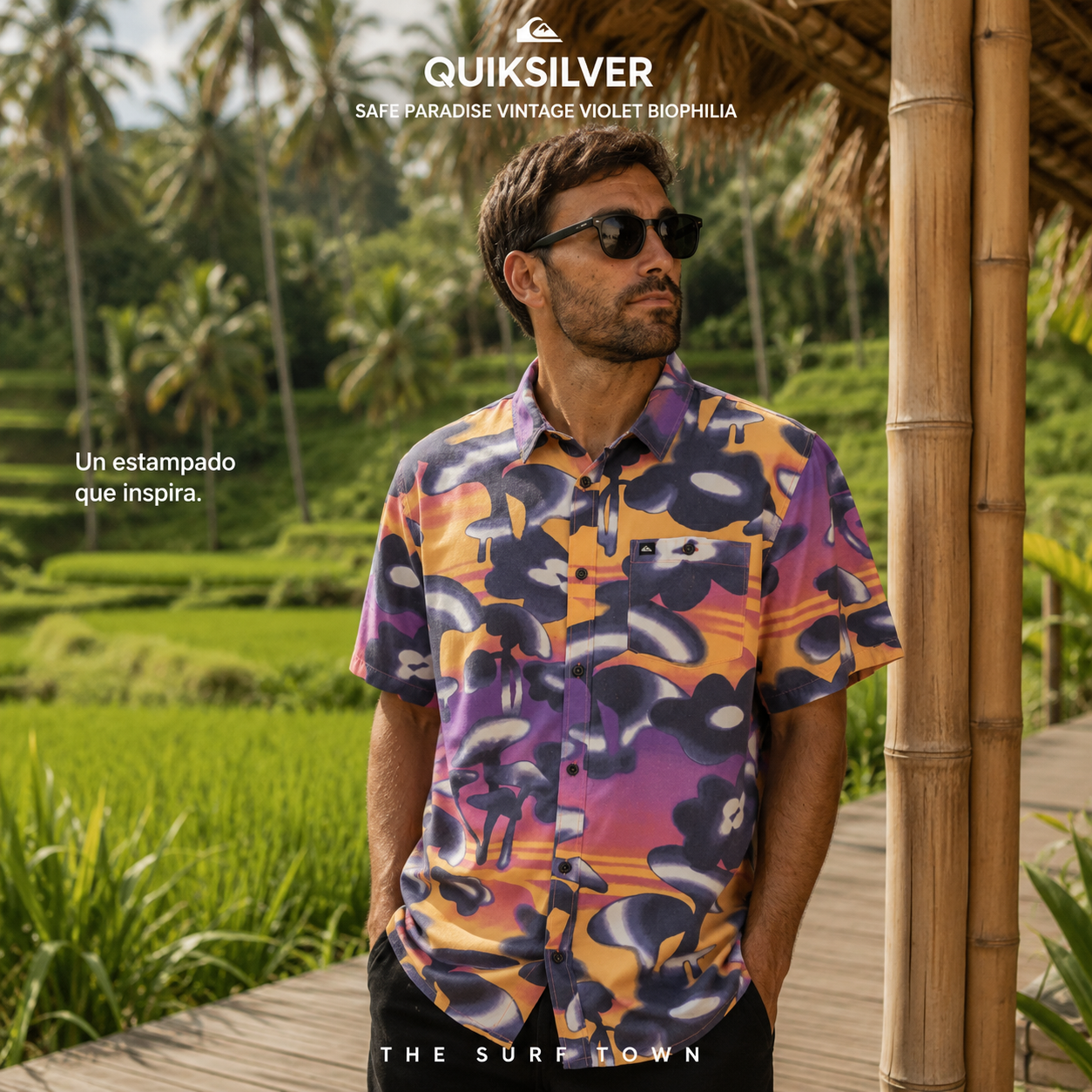Camisa Quiksilver Safe Paradise Vintage Violet Biophilia para hombre en fotografía editorial propia de THE SURF TOWN inspirada en los campos de arroz de Bali
