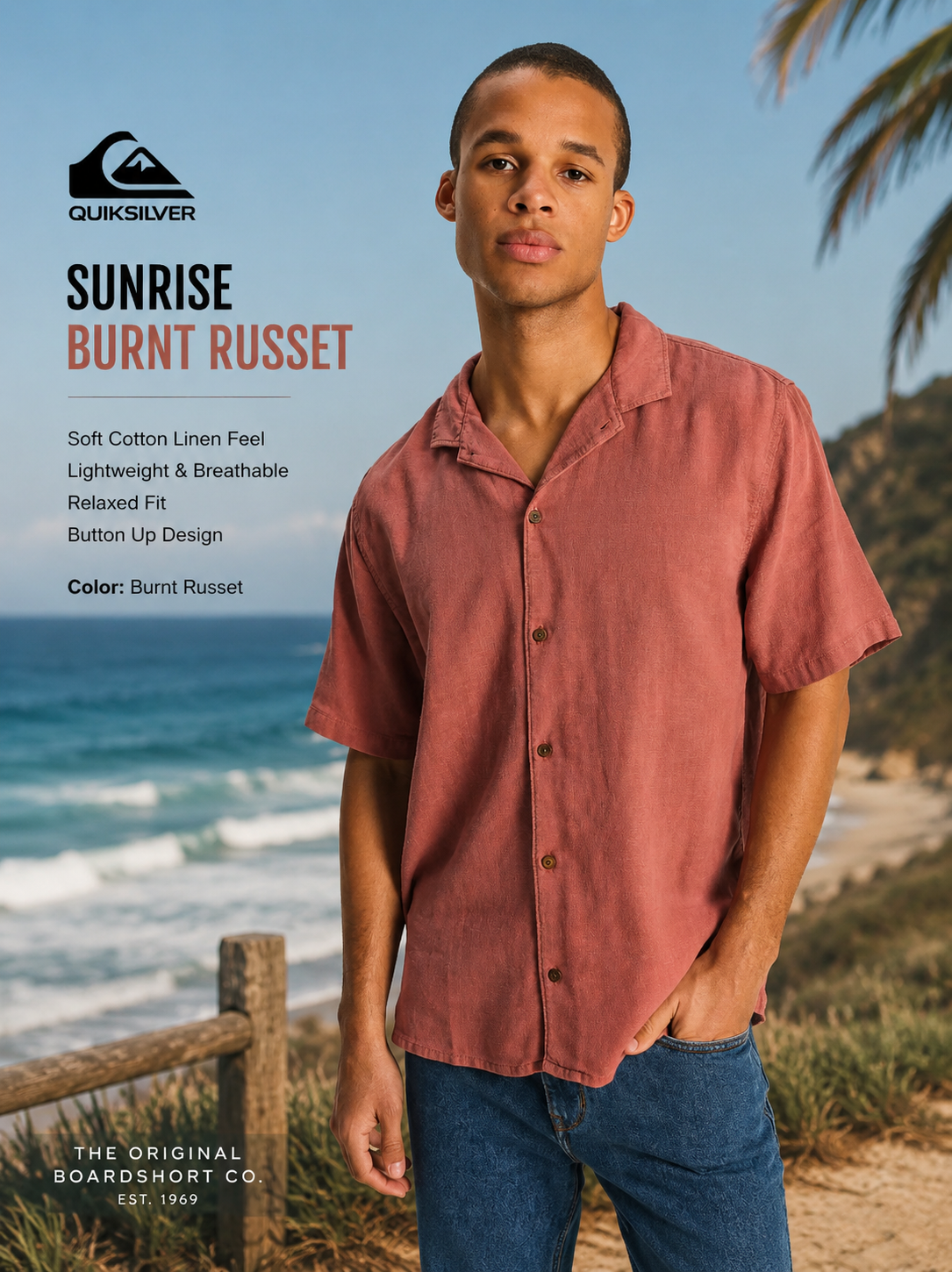 Camisa Quiksilver Sunrise Burnt Russet estilo surf lifestyle premium para hombre