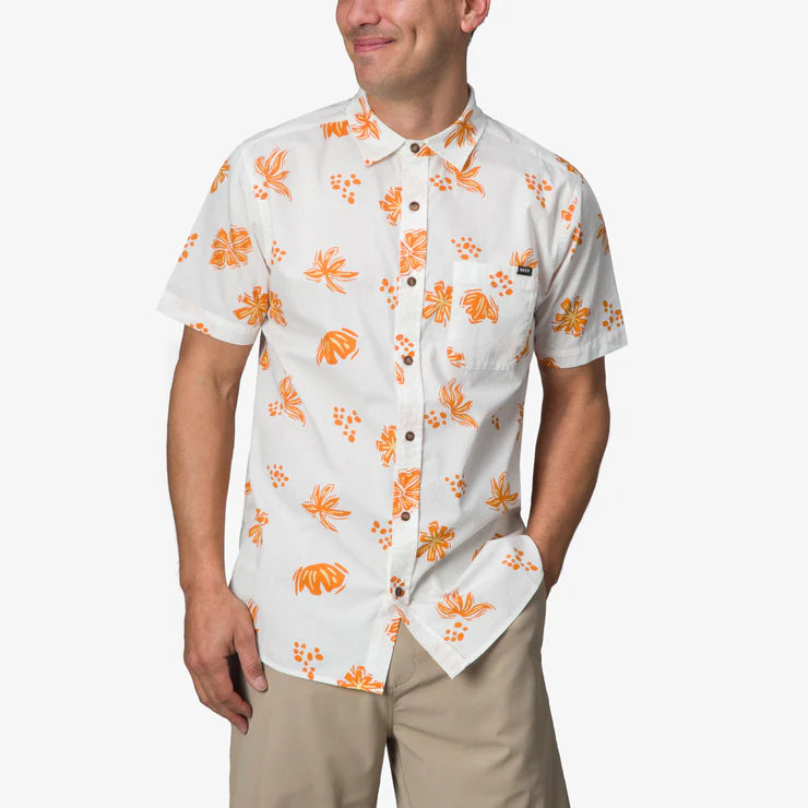 Camisa REEF Lawson Woven Bright White para hombre con estampado floral tropical naranja manga corta verano