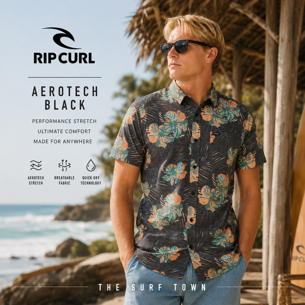 Camisa Rip Curl Aerotech Black para hombre en fotografía editorial propia de THE SURF TOWN junto al mar con diseño floral tropical y estilo surf lifestyle premium.