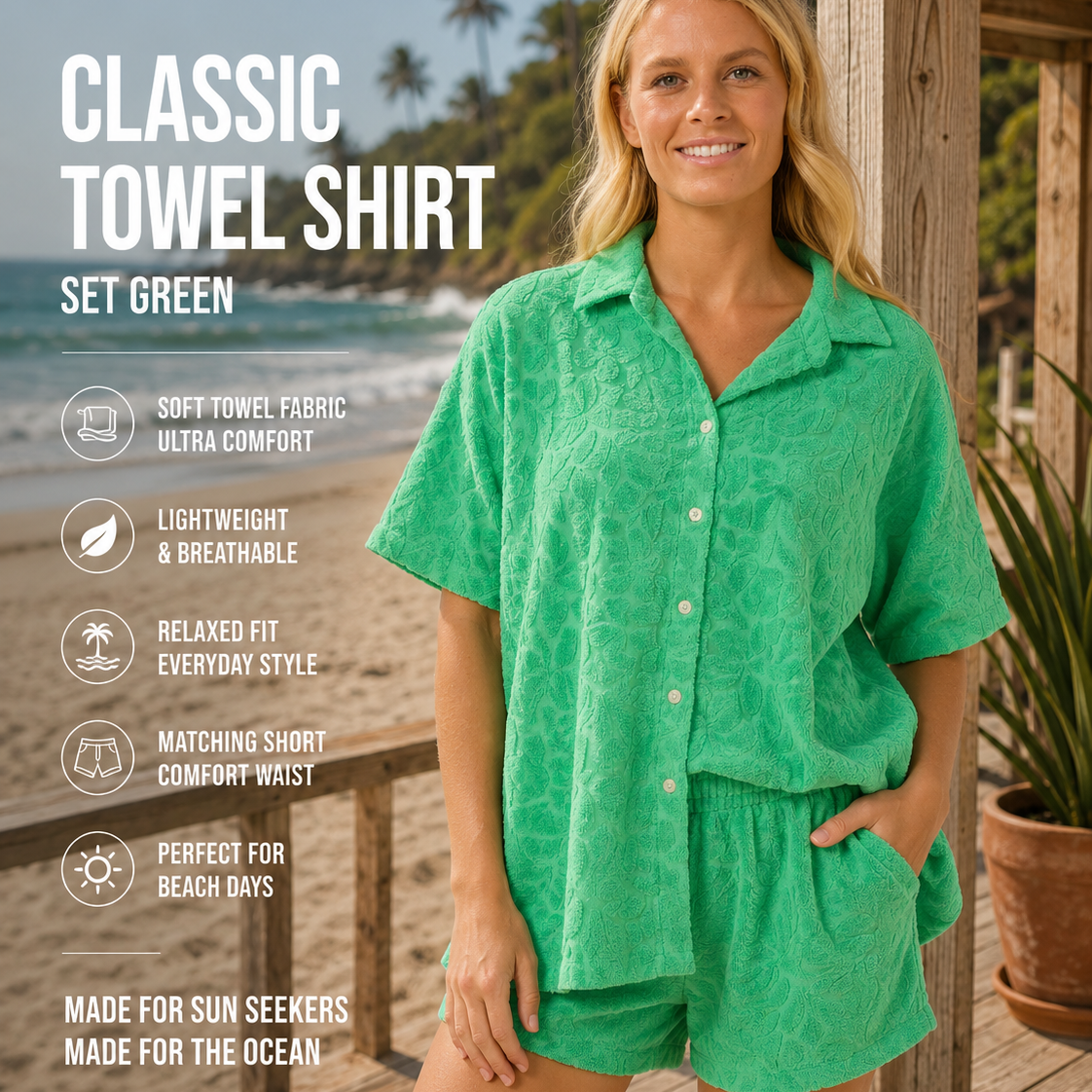 Camisa Rip Curl Las Dalias Terry Light Green Mujer integrada en escena beach lifestyle premium con estética surfwear femenina