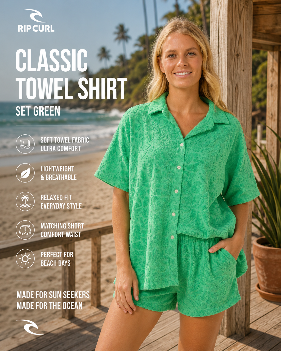 Camisa Rip Curl Las Dalias Terry Light Green Mujer integrada en escena beach lifestyle premium con estética surfwear femenina