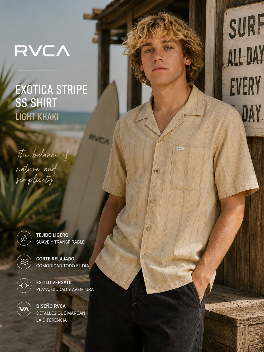 Camisa RVCA Exotica Stripe Light Khaki hombre en escenario surf street coastal premium con estética editorial cinematográfica