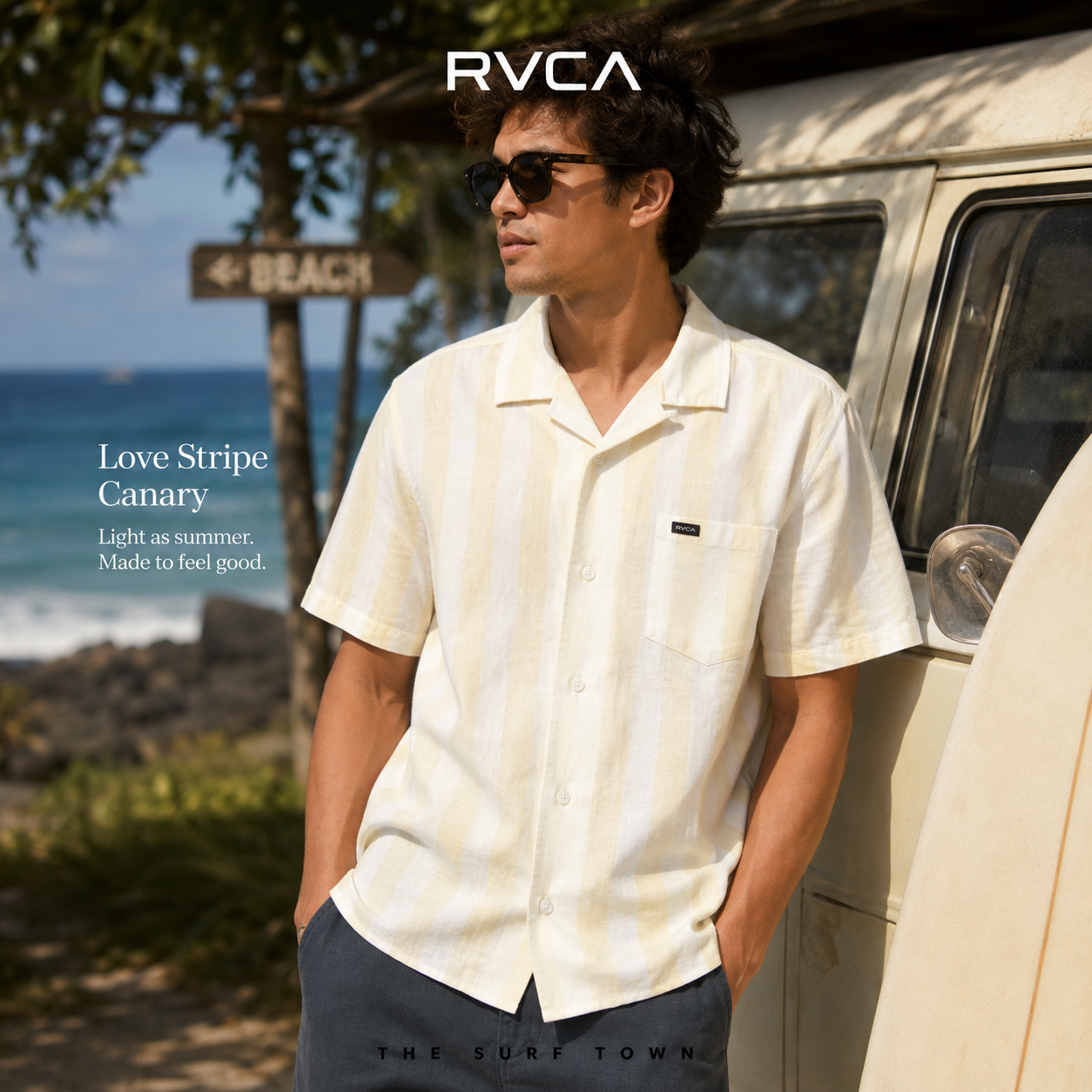 Camisa RVCA Love Stripe Canary para hombre con rayas suaves y estilo surf casual premium