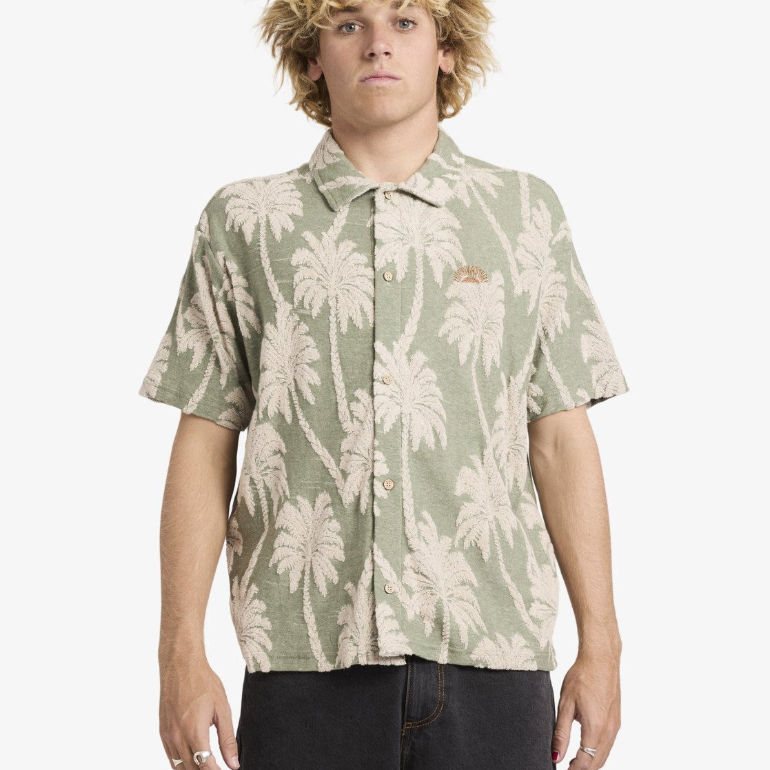 Camisa RVCA Palm Fall Jade hombre camisa manga corta verde estampado palmeras surf verano