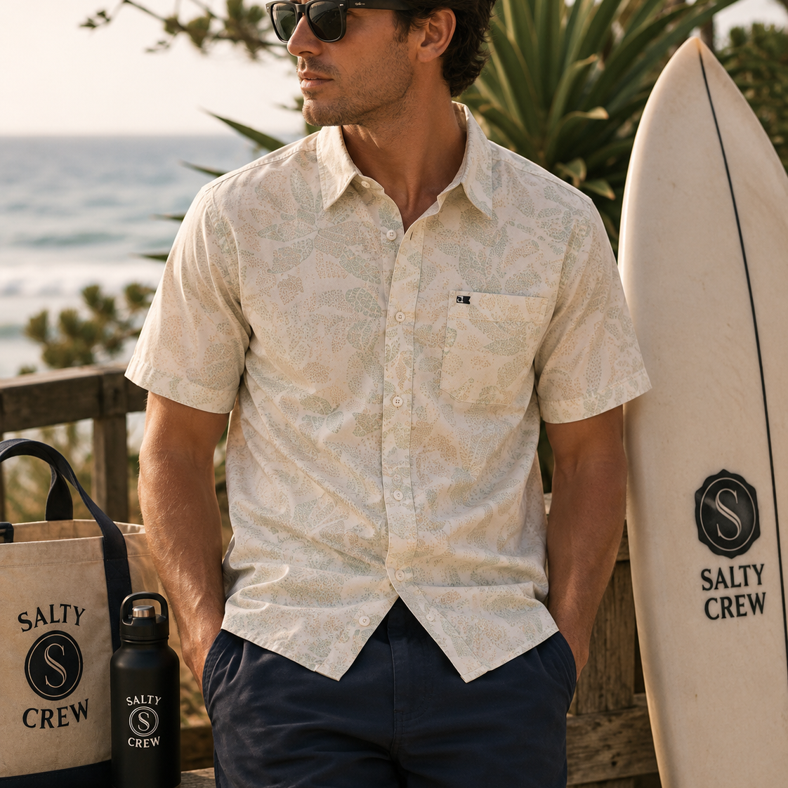 Camisa Salty Crew Drifter UV Button Up Birch para hombre en escena lifestyle surf junto al mar con tabla de surf y accesorios premium de playa