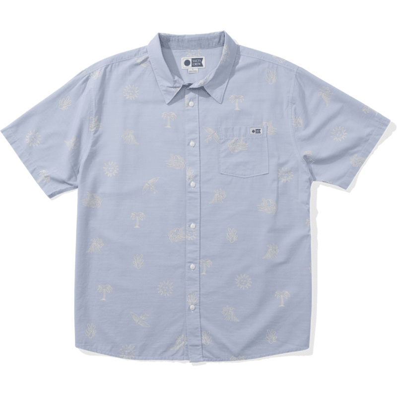 Camisa Salty Crew Good Vibes SS Woven Blue Fog para hombre con manga corta, estampado costero y estilo surf veraniego