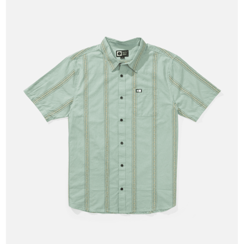 Camisa Salty Crew SS Button Up Marine para hombre con rayas verticales, manga corta y estilo surf veraniego