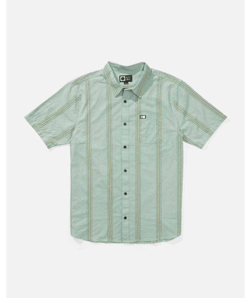 Camisa Salty Crew SS Button Up Marine para hombre con rayas verticales, manga corta y estilo surf veraniego