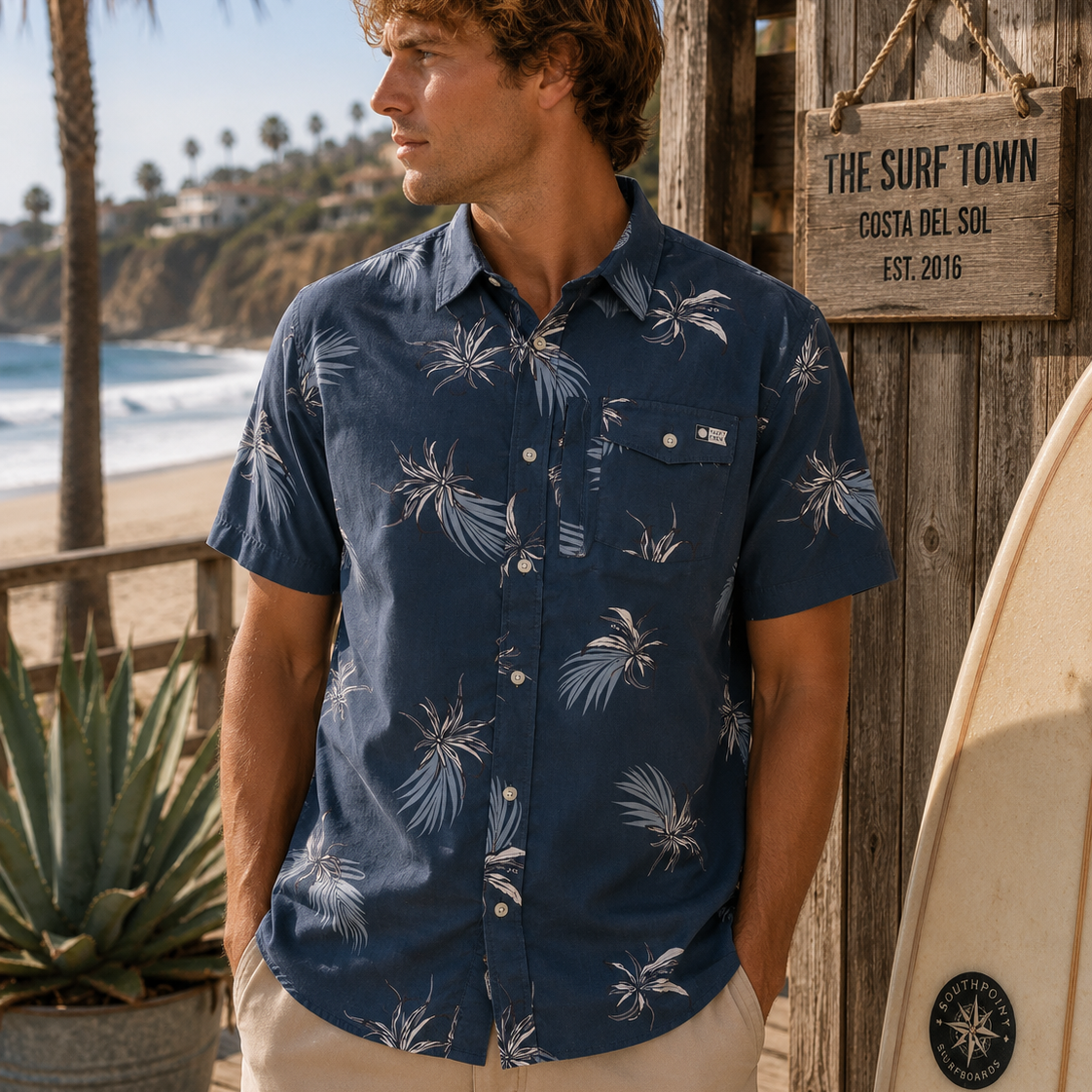 Camisa Salty Crew Weekender Tech Bluefin para hombre en ambiente surf lifestyle junto a la playa con estilo Costa del Sol y beach vibes premium