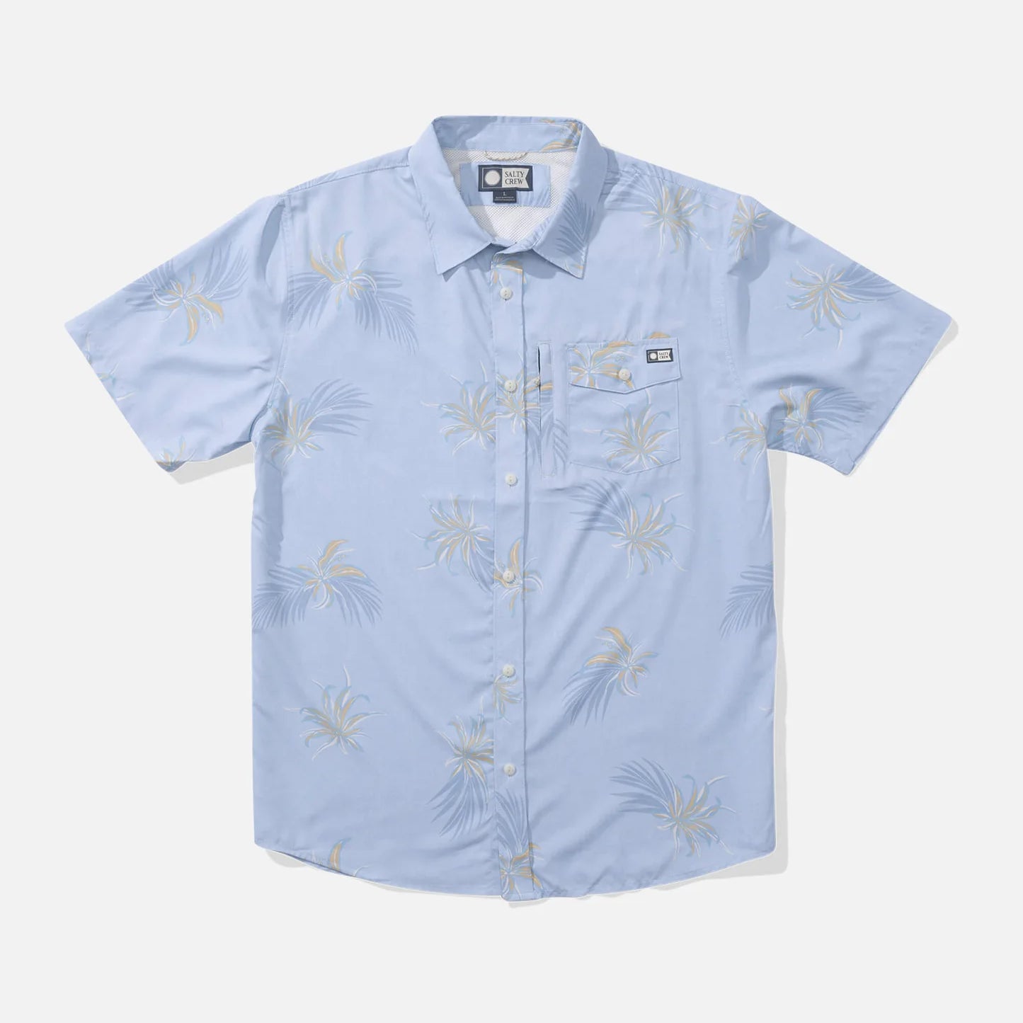Camisa Salty Crew Weekender Tech Light Blue azul claro de manga corta con estampado