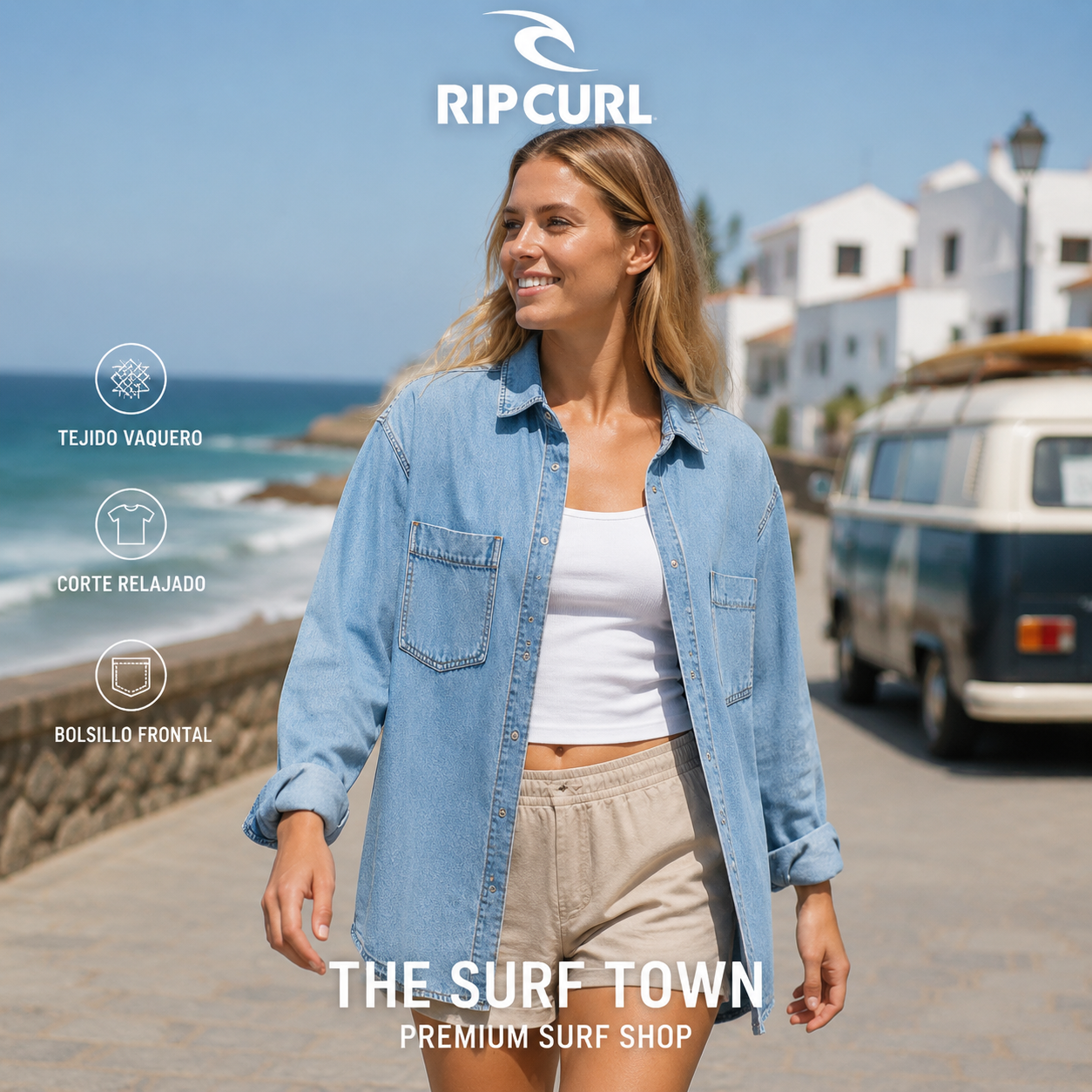Camisa vaquera Rip Curl Pacific Rider Blue para mujer en una escena vacacional junto al océano, imagen editorial propia de THE SURF TOWN