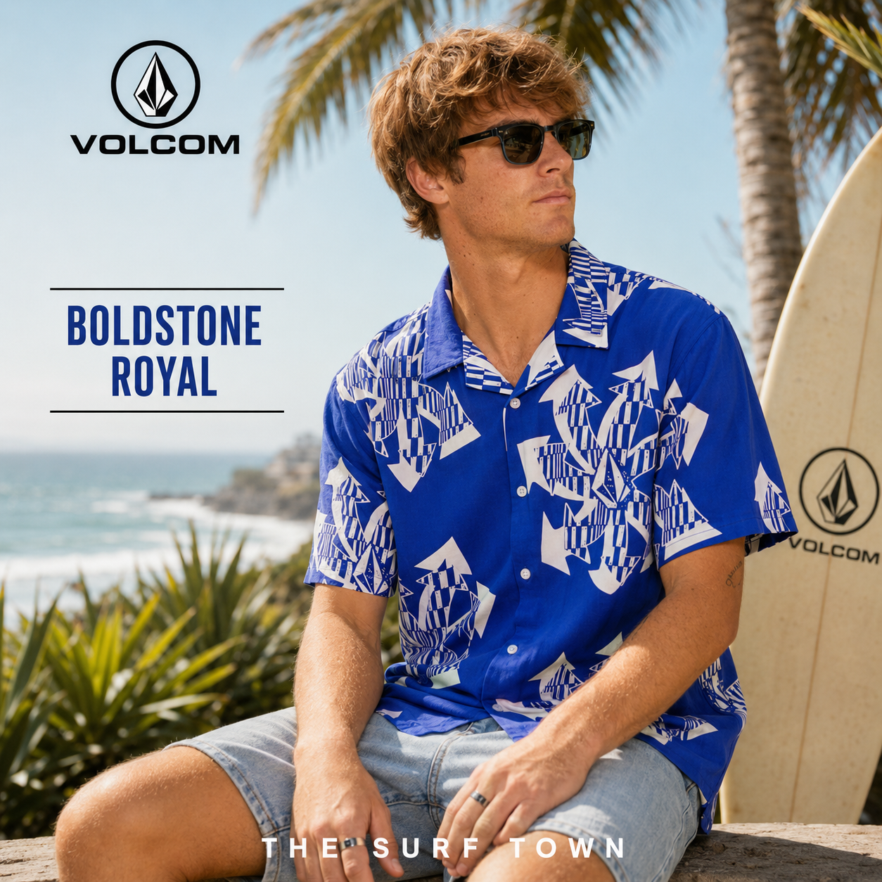 Camisa Volcom Boldstone Royal para hombre con estampado geométrico azul y blanco