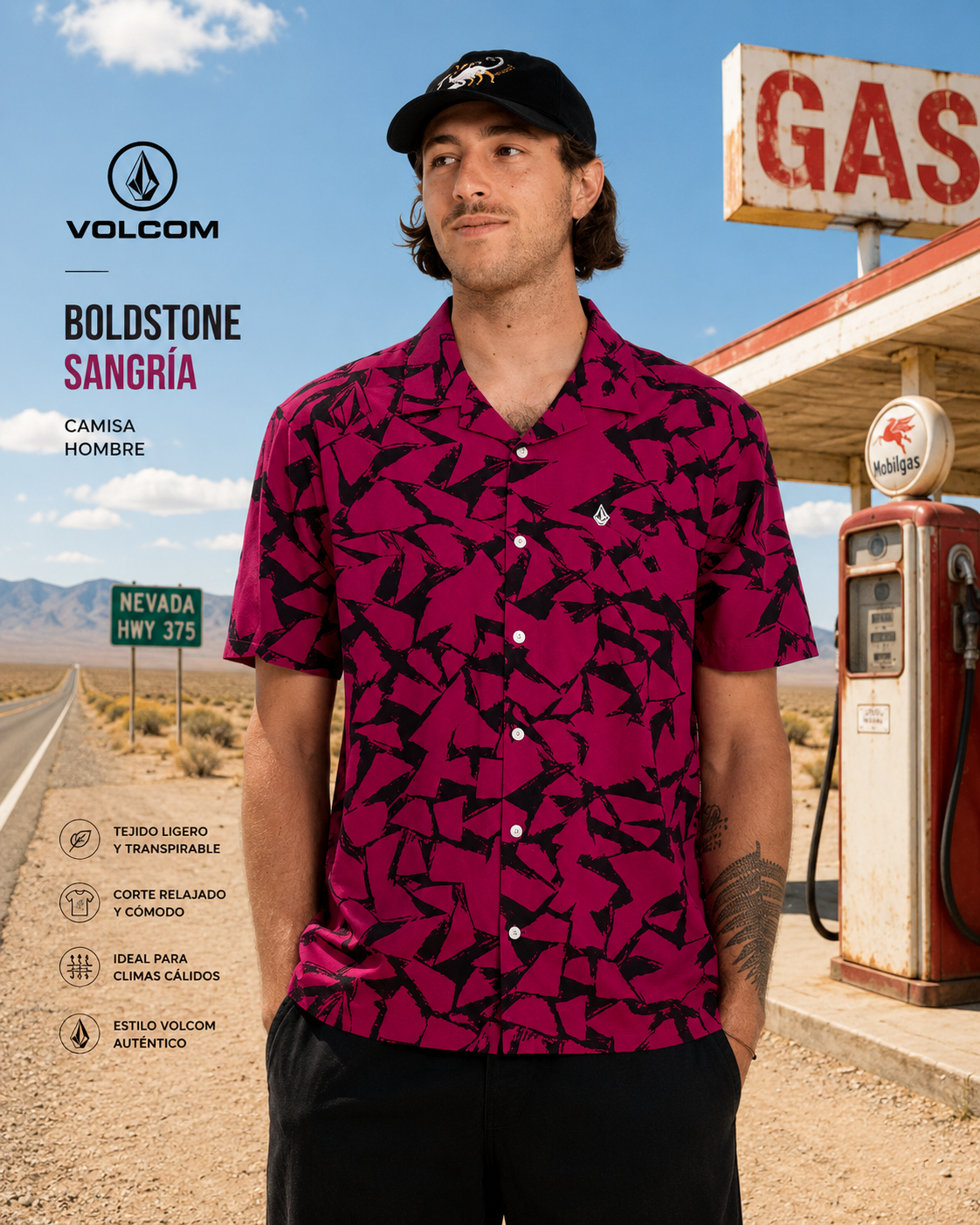 Camisa Volcom Boldstone Sangría para hombre en escena roadtrip desierto Nevada lifestyle premium