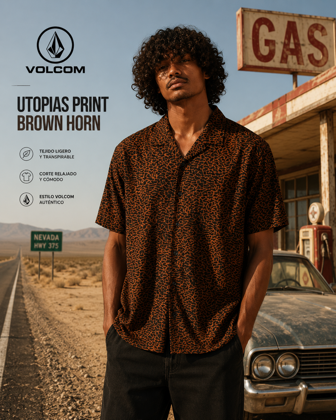 Camisa Volcom Utopias Print Brown Horn para hombre en escena roadtrip desierto Nevada lifestyle premium