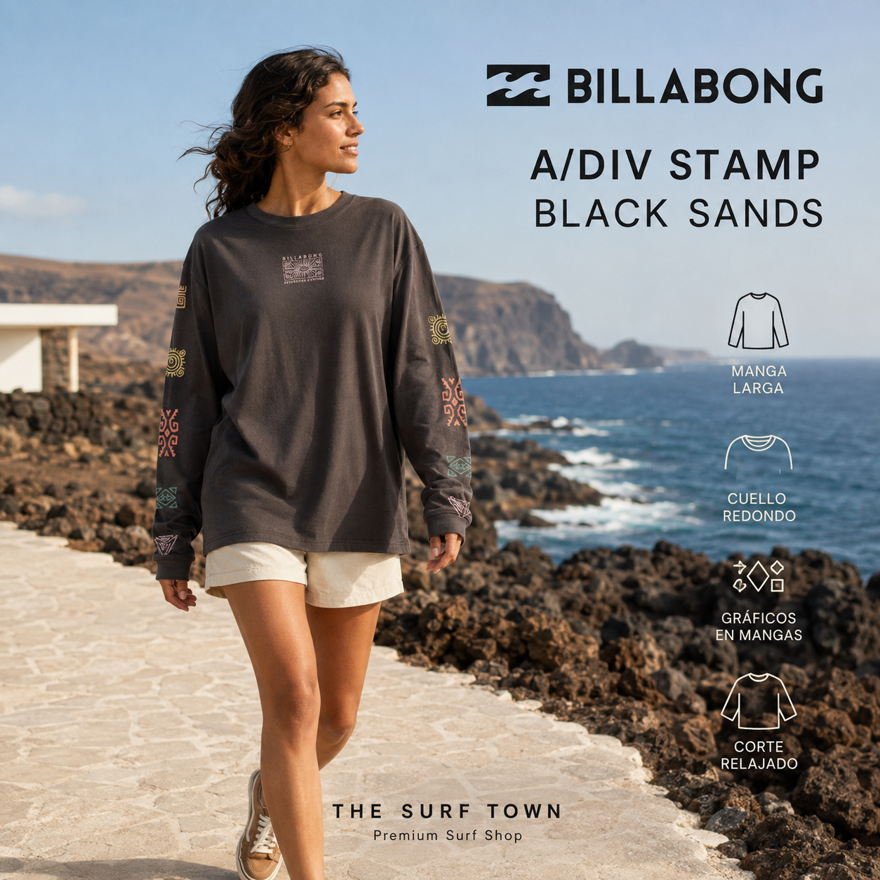 Camiseta Billabong Adventure Division Stamp Black Sands de manga larga con gráficos en las mangas, imagen editorial propia de THE SURF TOWN