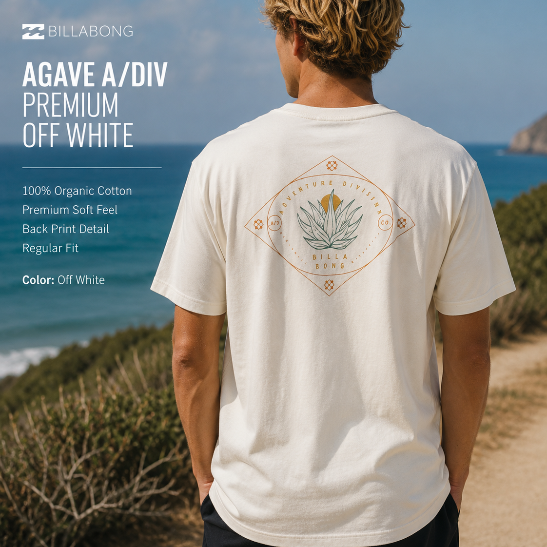 Camiseta Billabong Agave A/Div Premium Off White estilo surf lifestyle premium para hombre