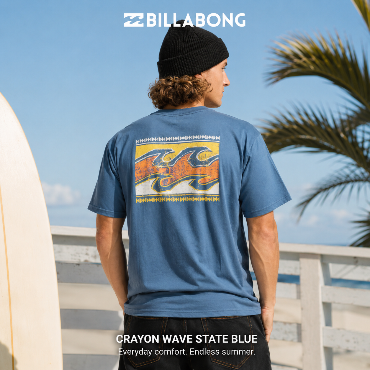Camiseta Billabong Crayon Wave State Blue para hombre con gráfico trasero de olas retro y estilo surfwear veraniego