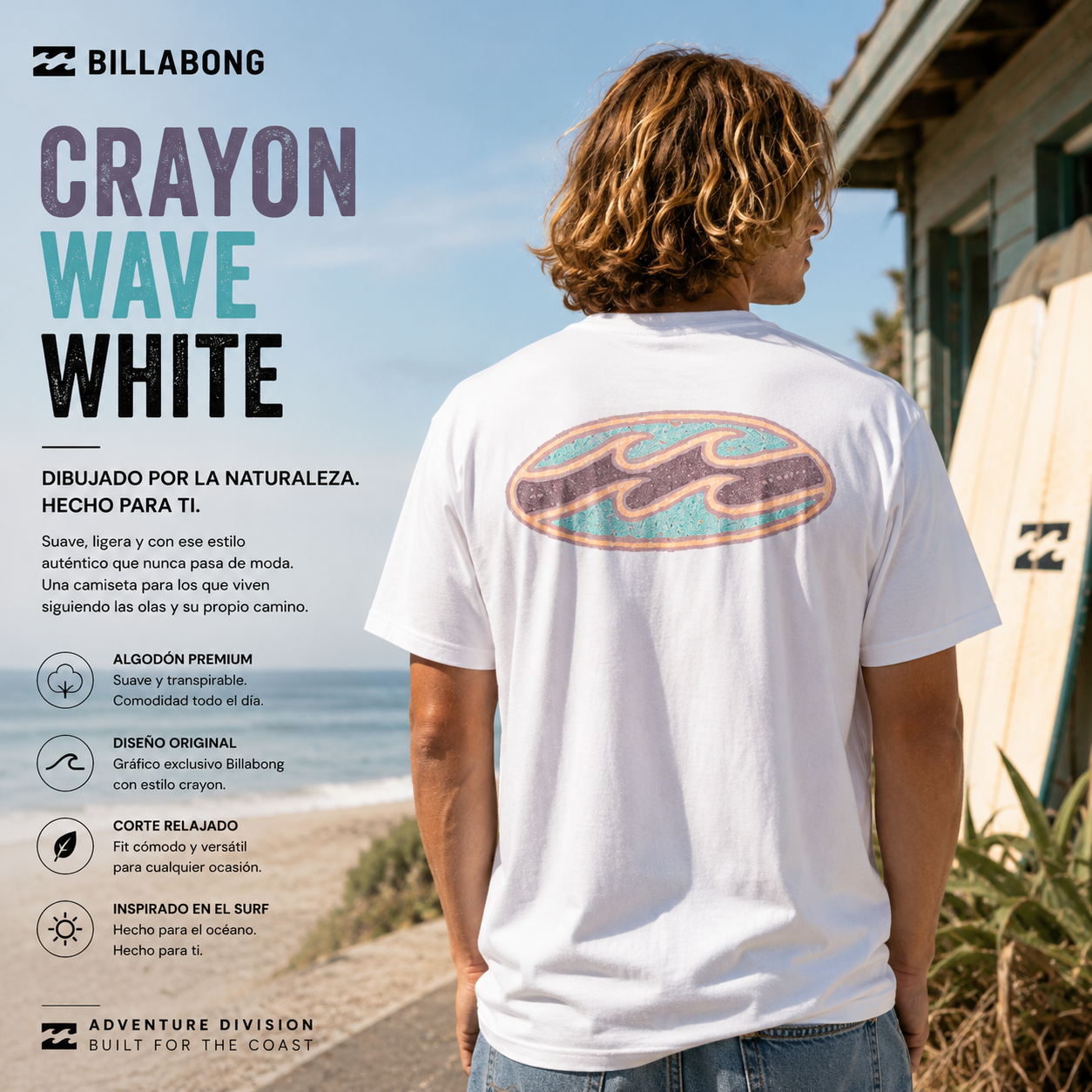 Camiseta Billabong Crayon Wave White hombre estilo surf premium junto al mar