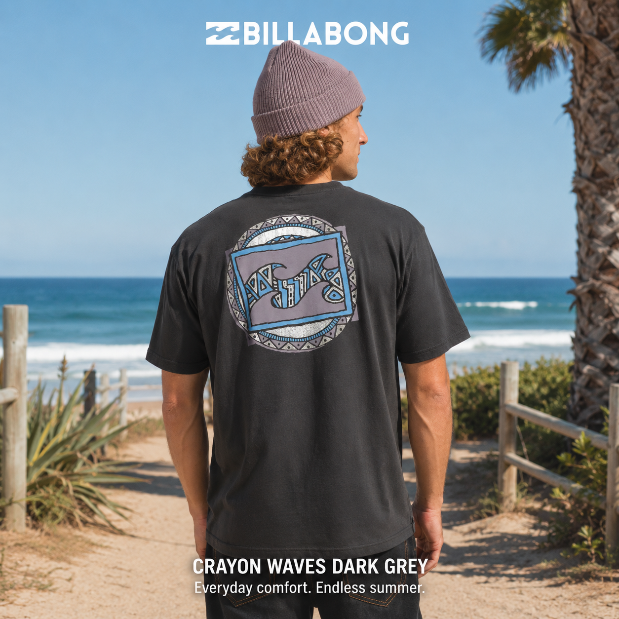 Camiseta Billabong Crayon Waves Dark Grey para hombre con gráfico trasero inspirado en las olas y estilo surfwear clásico