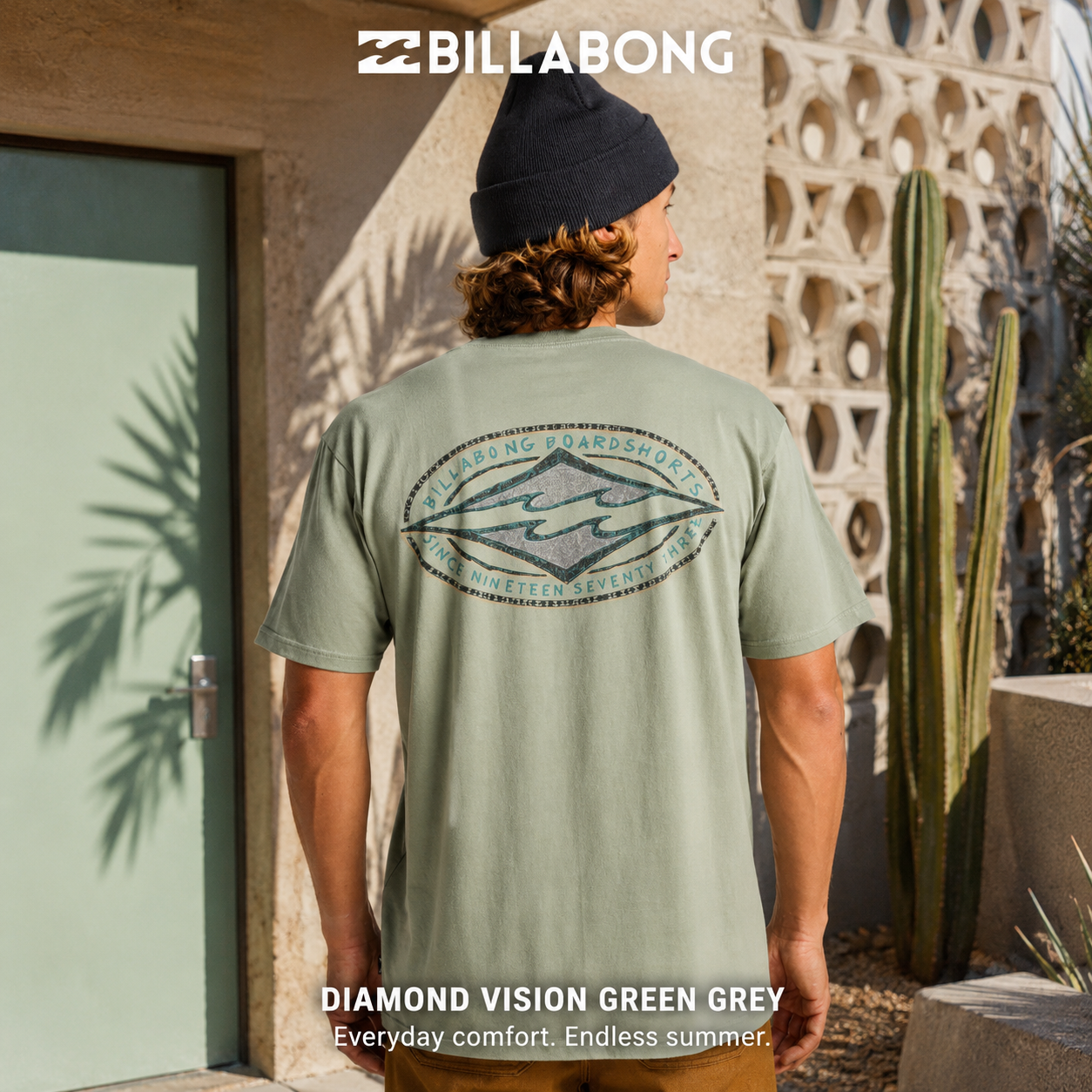 Camiseta Billabong Diamond Vision Green Grey para hombre con gráfico trasero vintage y diseño inspirado en el surf clásico