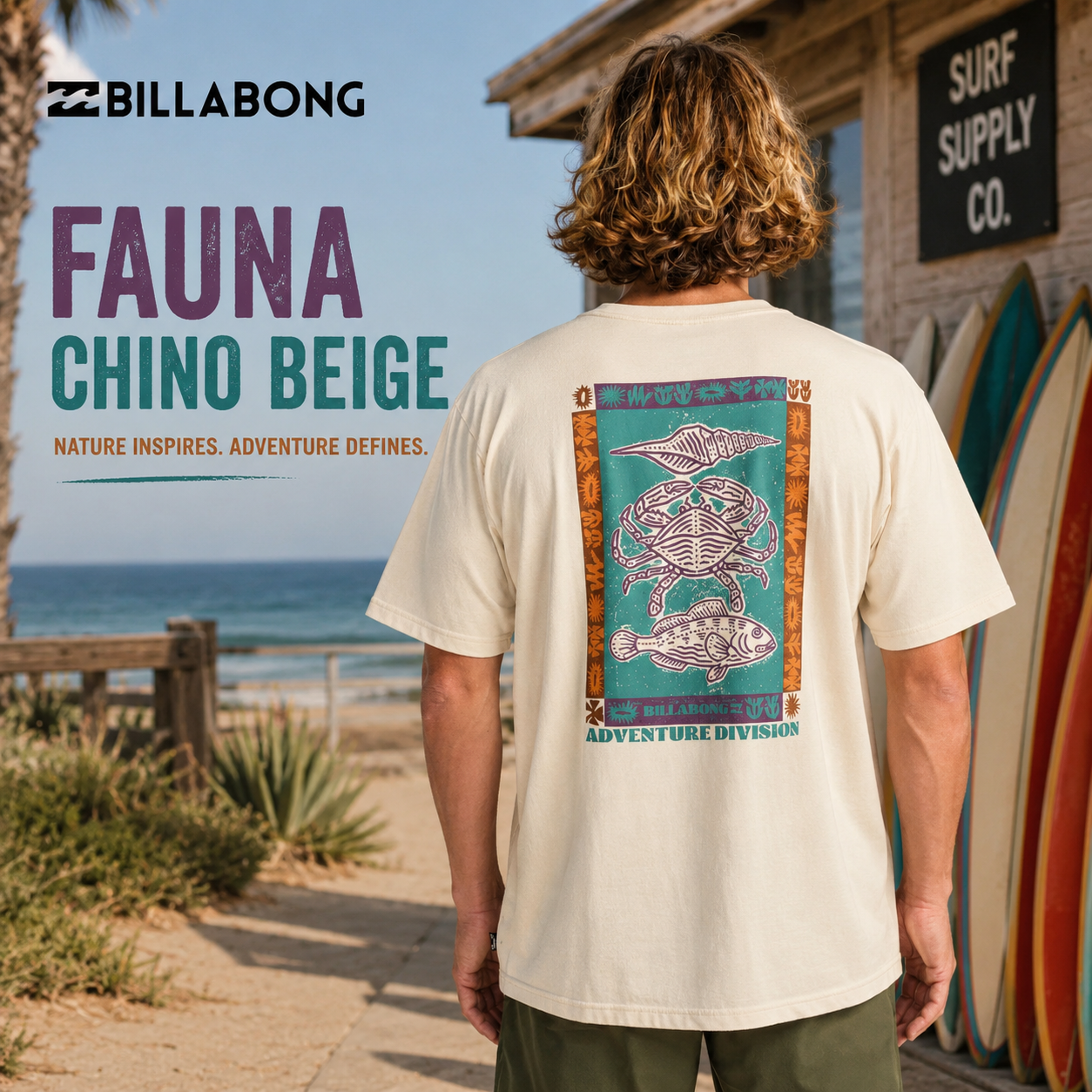 Camiseta Billabong Fauna Chino Beige para hombre con gráfico trasero Adventure Division inspirado en la fauna marina y el estilo outdoor