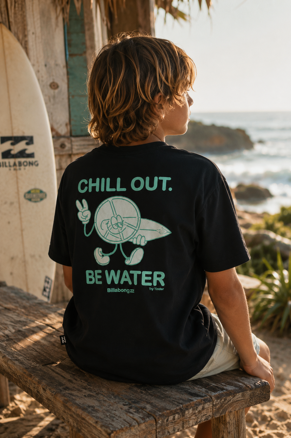 Camiseta Billabong Gimmick Kids Black para niño en escena surf lifestyle con estética beach shack y luz natural cálida