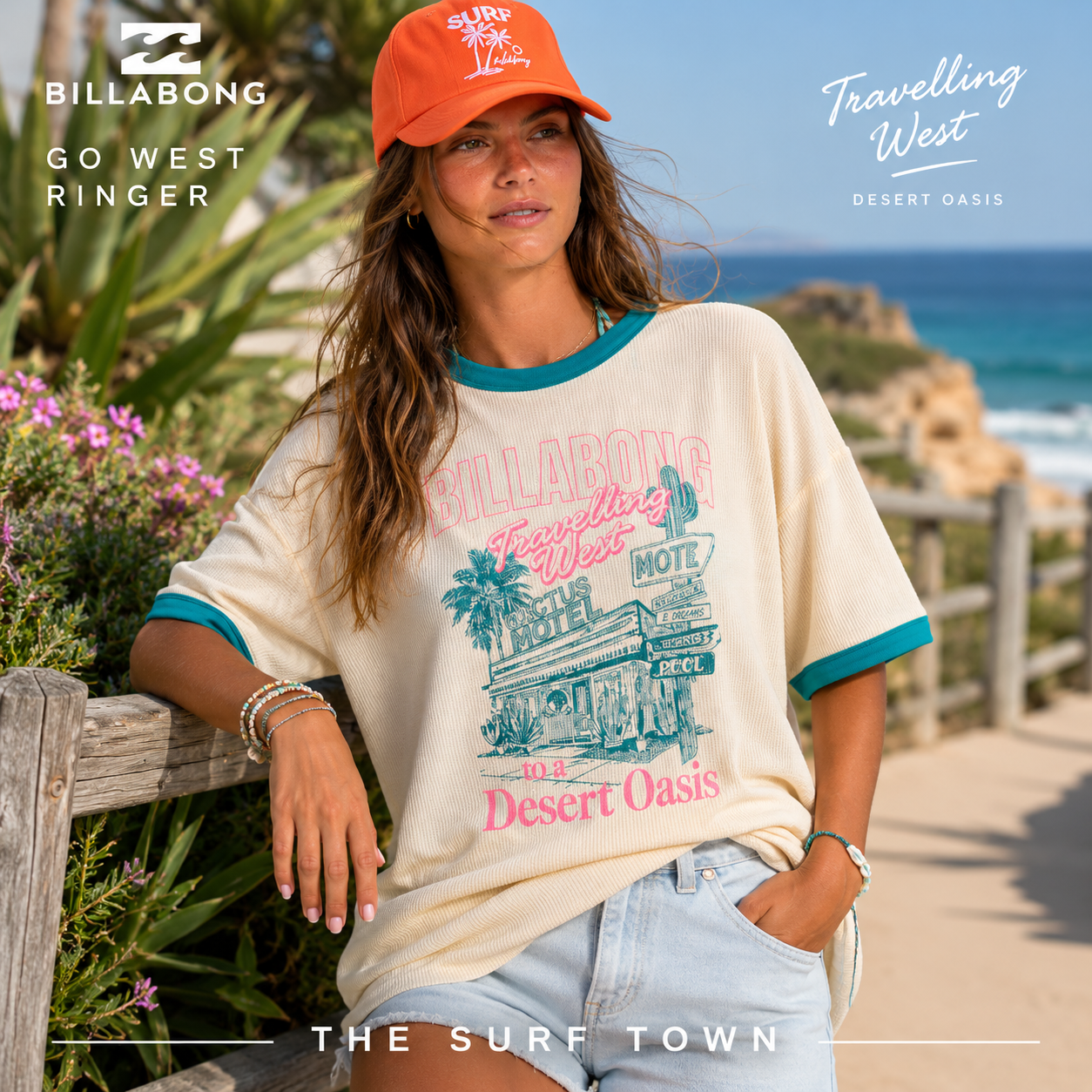 Camiseta Billabong Go West Ringer Salt Crystal para mujer en fotografía editorial propia de THE SURF TOWN sobre sendero costero mediterráneo con luz natural de día y estilo surf lifestyle premium.