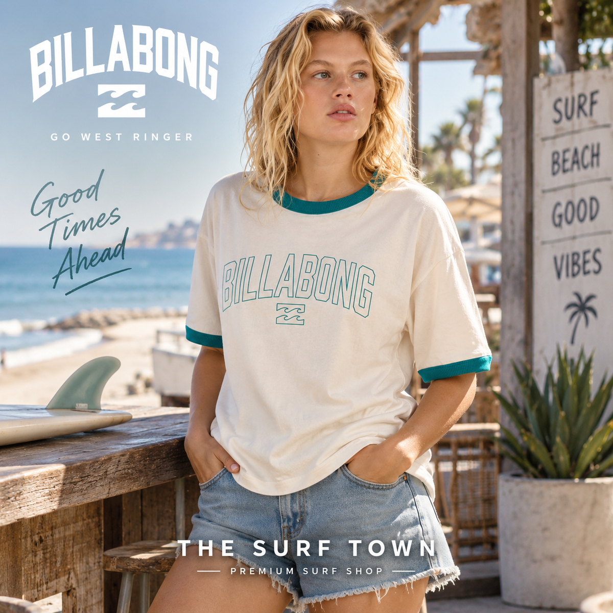 modelo vistiendo una camiseta billabong go west ringer white cap en una imagen editorial propia de the surf town junto al mar