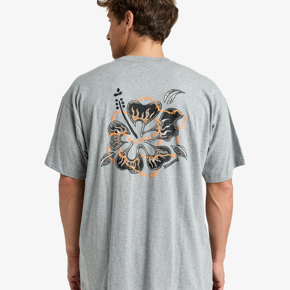 Camiseta Billabong Mogul Paradise Grey Heather oversize para hombre en gris jaspeado con gráfico surf trasero y lavado vintage wave wash.