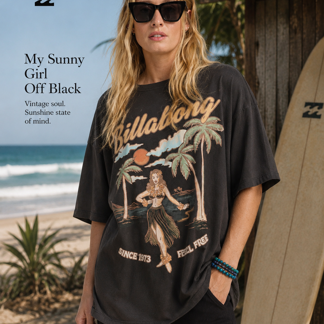 Camiseta Billabong My Sunny Girl Off Black para mujer con diseño tropical vintage y estilo surf lifestyle
