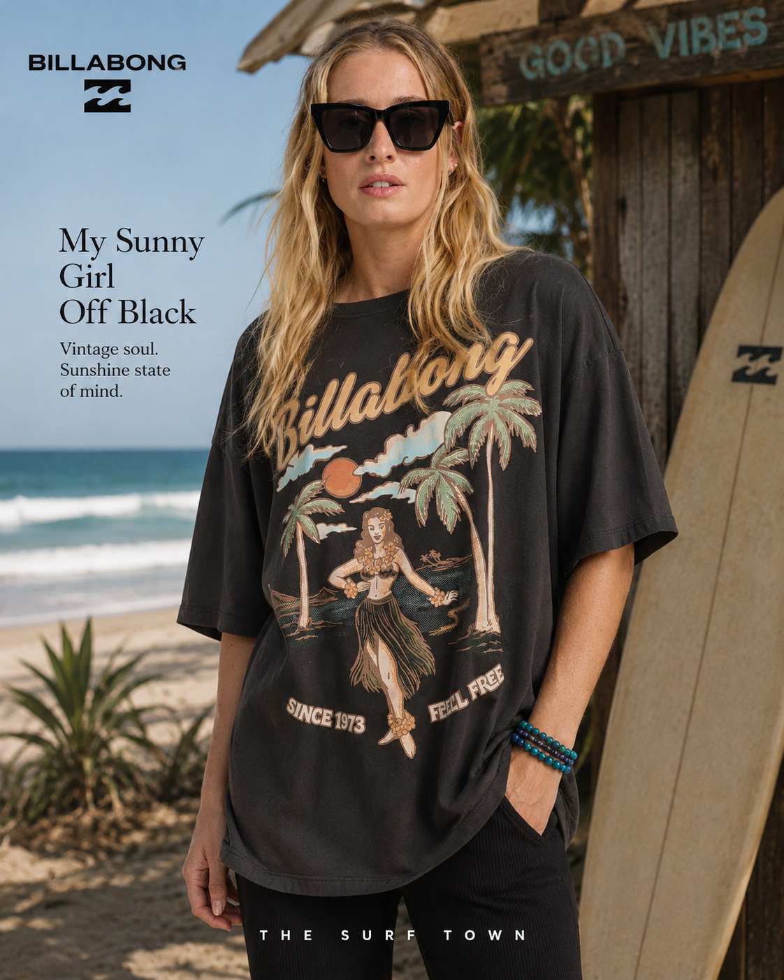 Camiseta Billabong My Sunny Girl Off Black para mujer con diseño tropical vintage y estilo surf lifestyle